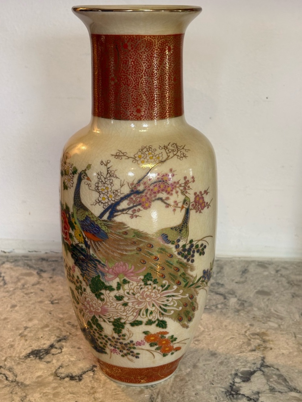 Satsuma Vintage Peacock Vase with Gold Trim